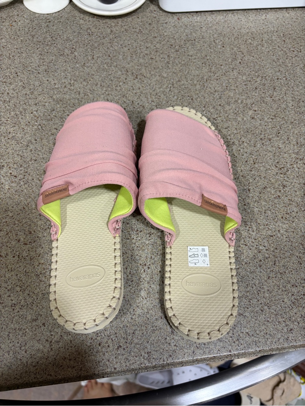 Havaianas Pink Canvas Slip-On Mules with Neon Yellow Lining
